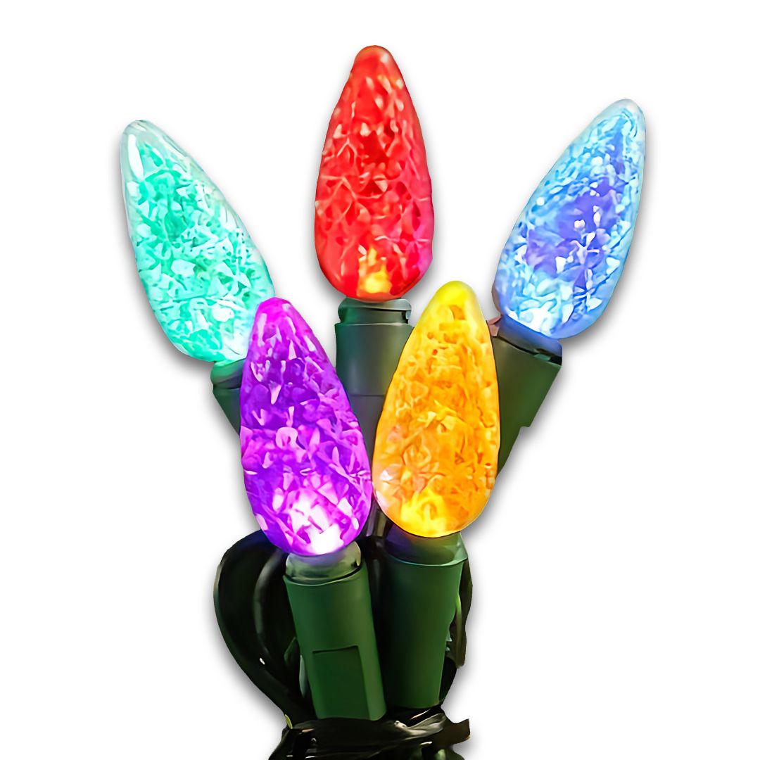C6 bulbs displayed lit in green, red, blue, purple, and yellow colors